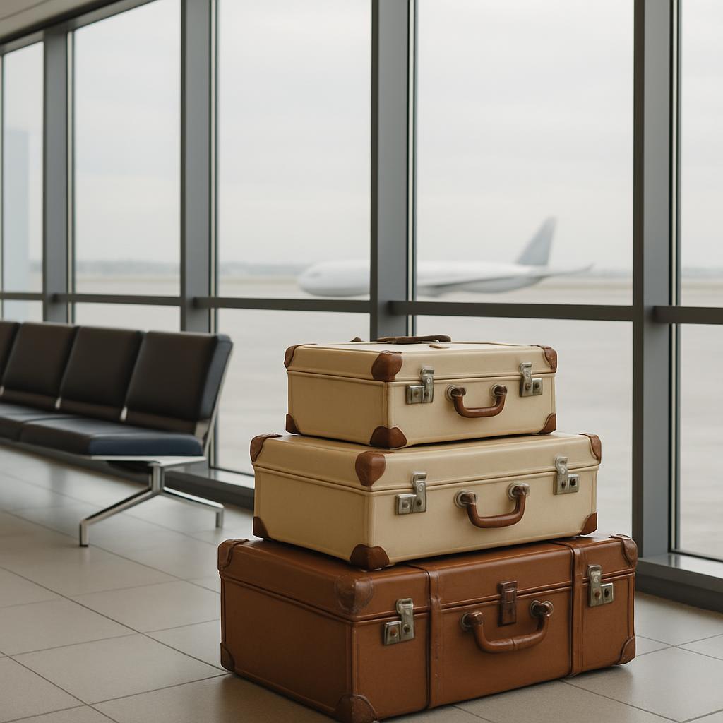 Stacked vintage suitcases outside airport terminal viewing tarmac with airplane.
