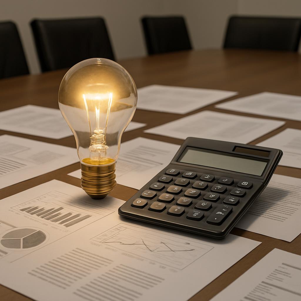 A desk with papers, a calculator and a light bulb.