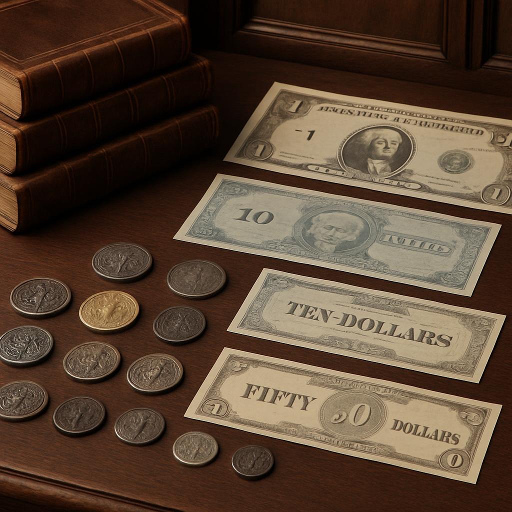An arrangement of old American currency, including large bills normally worth less, which might be worth more to collectors.