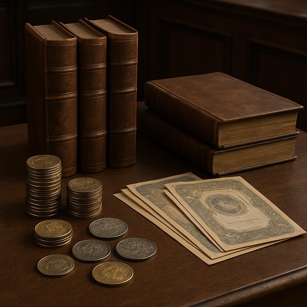 Old leather-bound books, coin piles, and old paper currency on a desk.