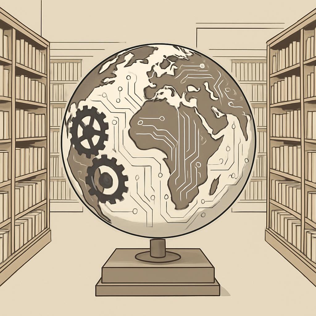 A globe with a computer chip and gear design spinning amongst a set of two cabinets full of books on either side, situated...